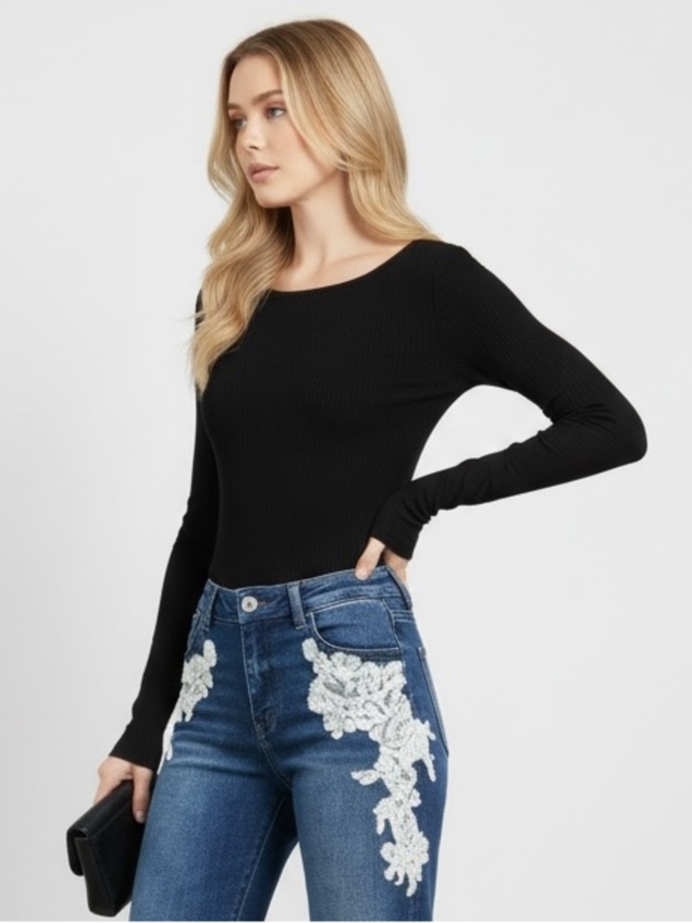 1623 • Black Rayon Rib Knit Long Sleeve Top